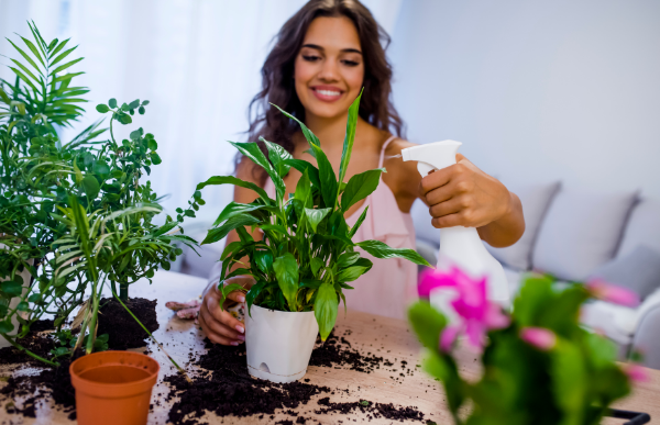 Happy female repotting houseplants to support general wellbeing
