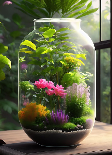 ai generated, terrarium, flowers