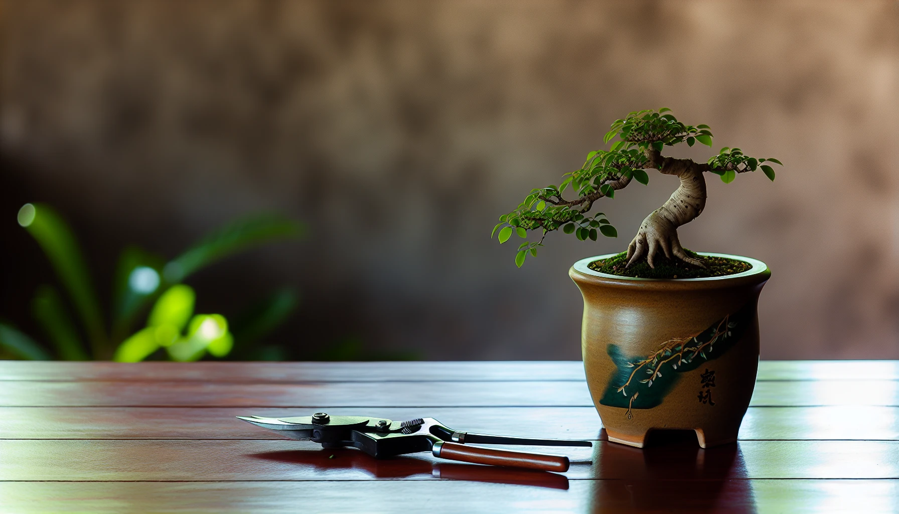 Bonsai tree with small pot and pruning shears