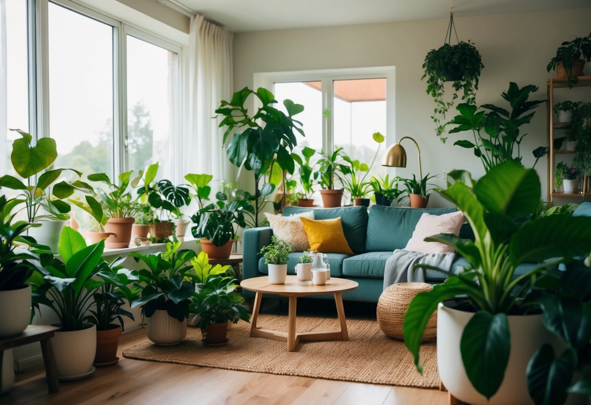 A cozy living room filled with a variety of lush houseplants, basking in natural light from the window, creating a tranquil and serene atmosphere