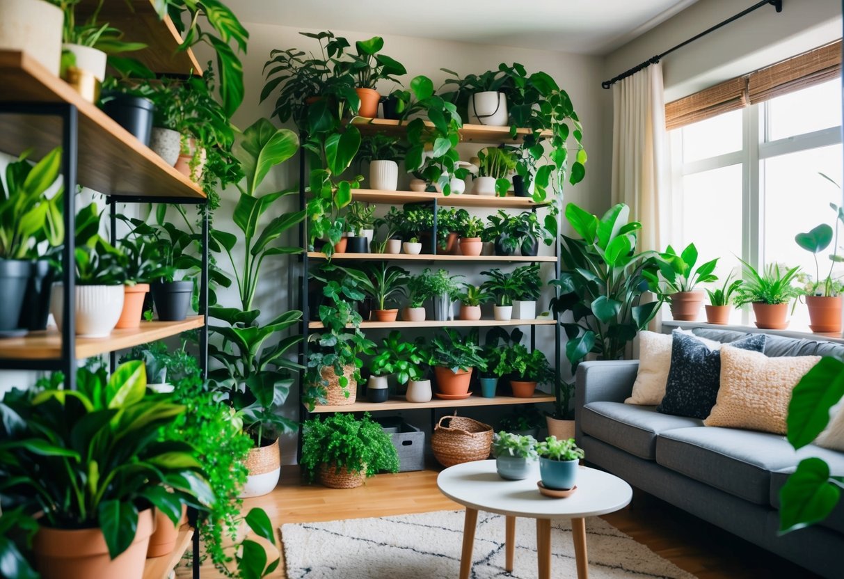 A cozy living room filled with a variety of lush, thriving houseplants arranged on shelves and tables, creating a vibrant and inviting atmosphere