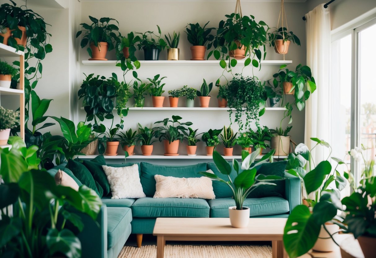A cozy living room filled with lush, green houseplants arranged on shelves and hanging from the ceiling, creating a serene and calming atmosphere