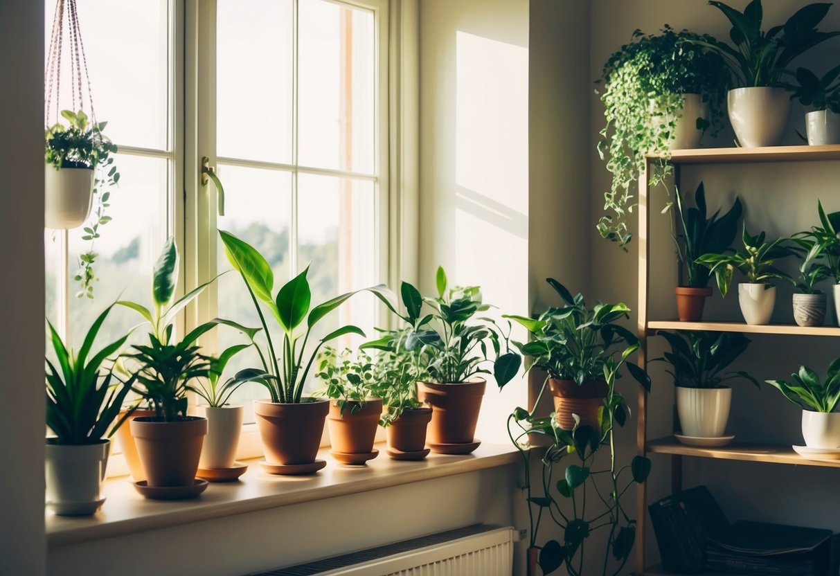 A cozy living room with a variety of houseplants arranged on shelves and windowsills, basking in the soft glow of sunlight streaming through the window
