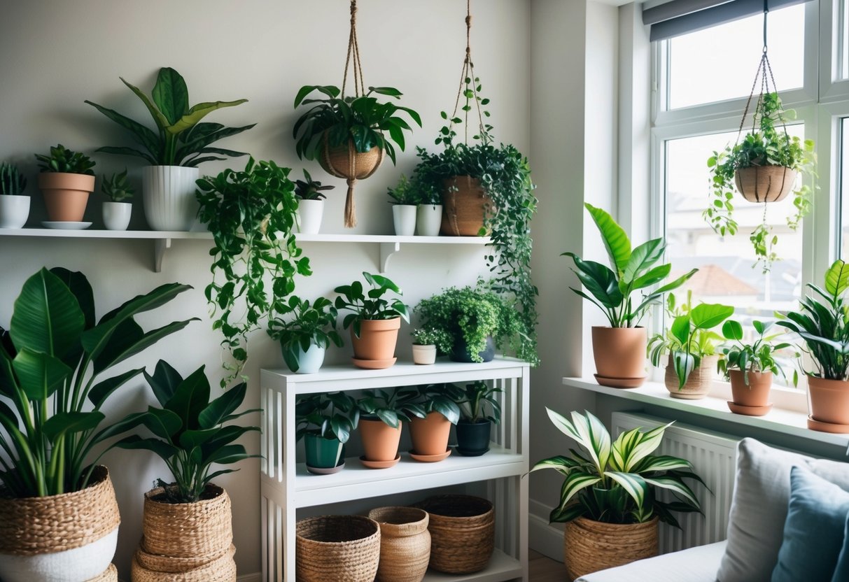 A cozy living room with a variety of lush houseplants arranged on shelves, windowsills, and hanging planters, creating a peaceful and inviting atmosphere