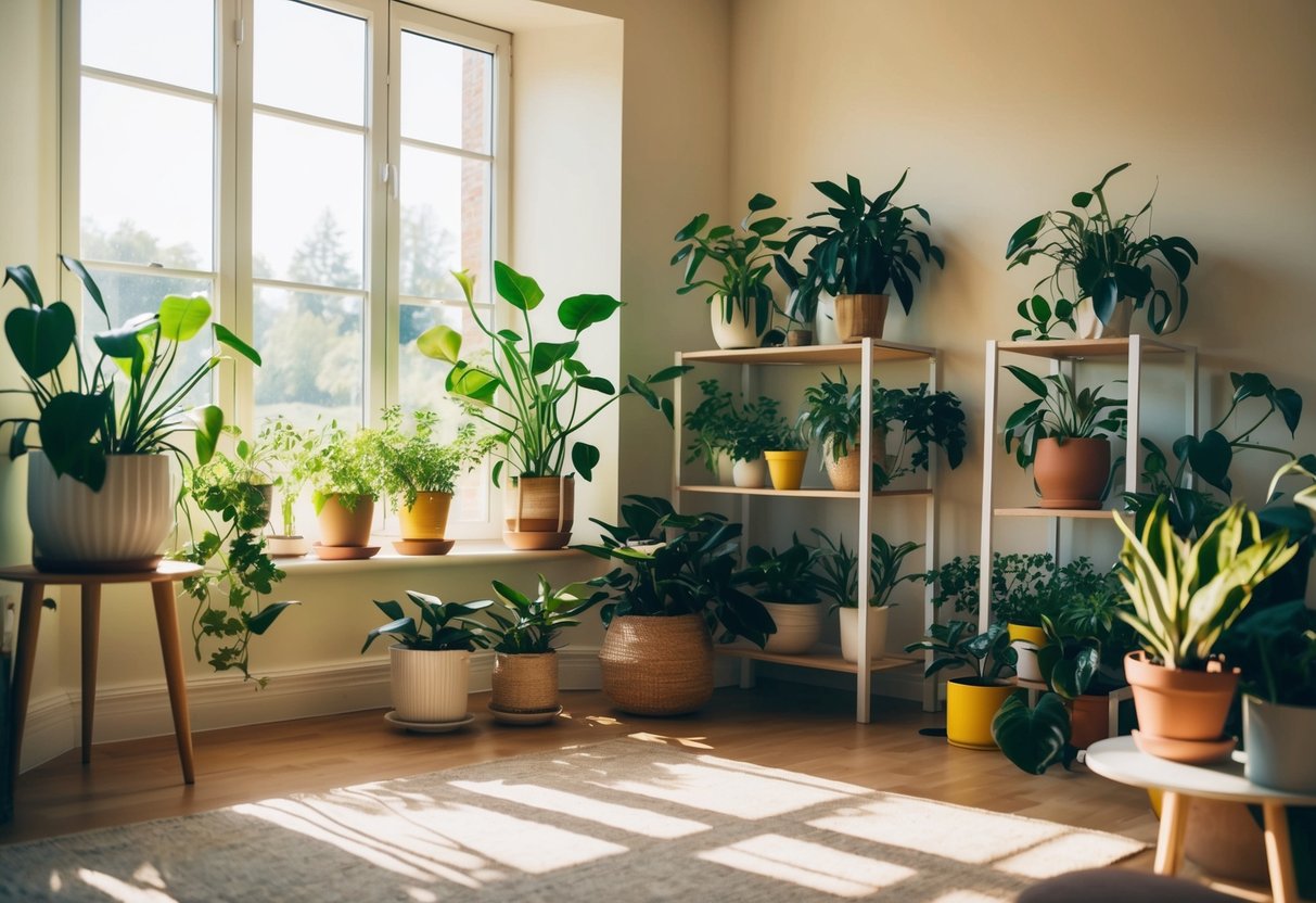 A cozy living room with multiple houseplants on shelves and tables, sunlight streaming in through the window, creating a warm and inviting atmosphere