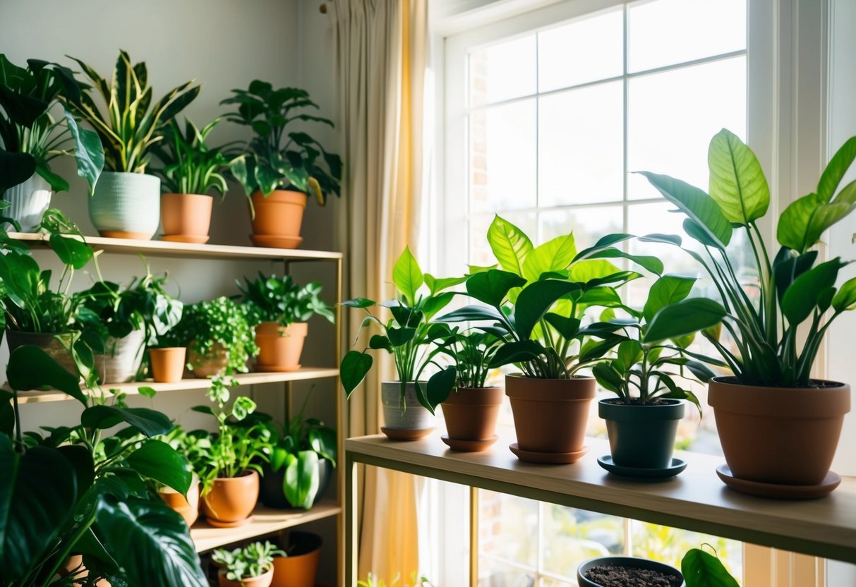 A cozy living room with sunlight streaming in through the window, showcasing a variety of lush, green houseplants thriving in their pots on shelves and tables