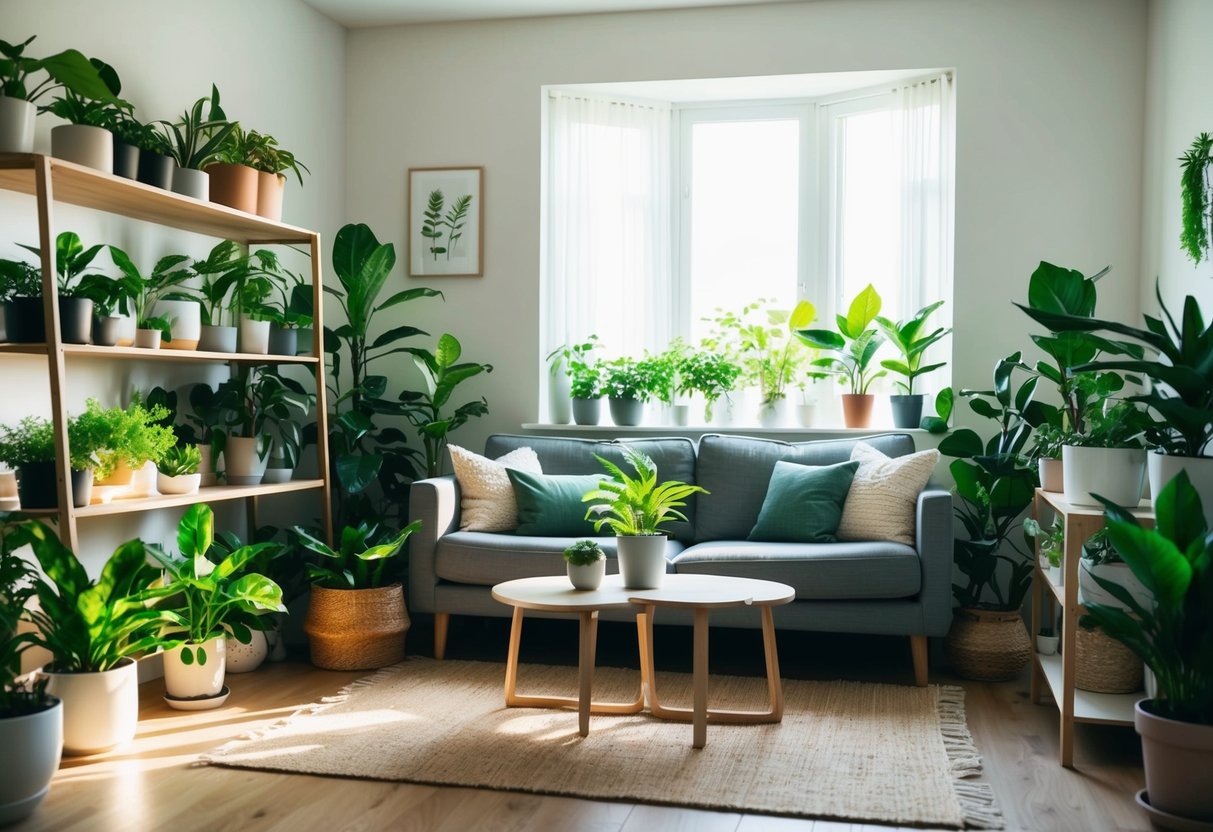 A cozy living room with various houseplants arranged on shelves and tables, creating a serene and peaceful atmosphere. Sunlight streams in through the window, illuminating the greenery