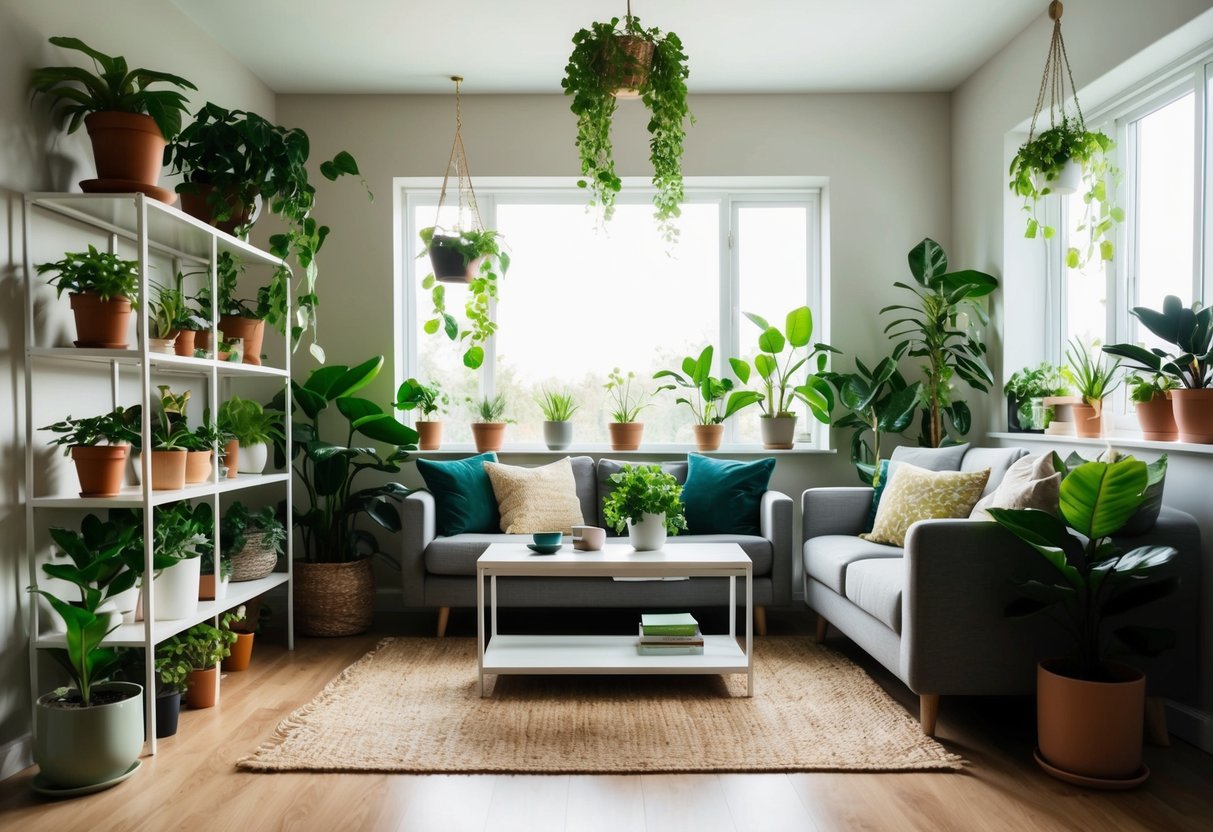 A cozy living room with various types of houseplants placed on shelves, tables, and hanging from the ceiling. Sunlight streams in through the window, illuminating the greenery