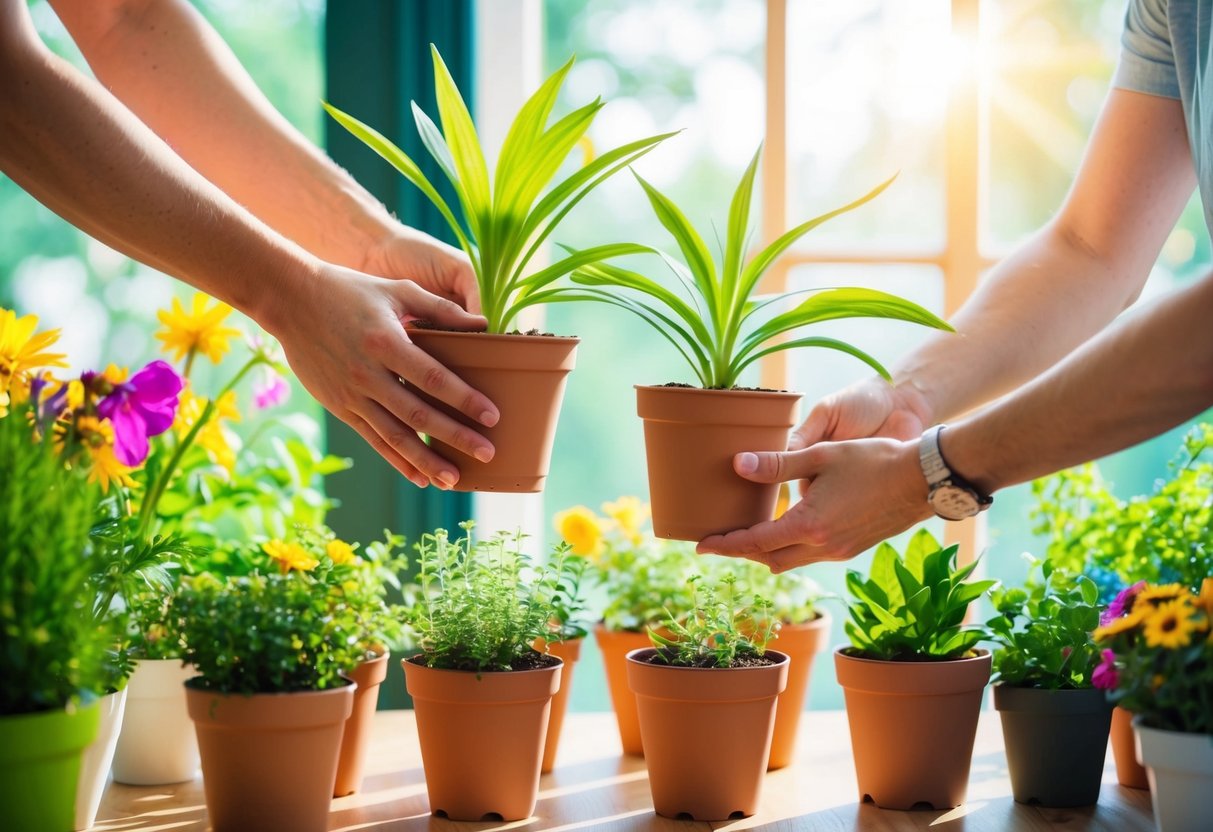 A joyful scene of hands exchanging potted plants, surrounded by vibrant greenery and colorful flowers, with sunlight streaming in through a window