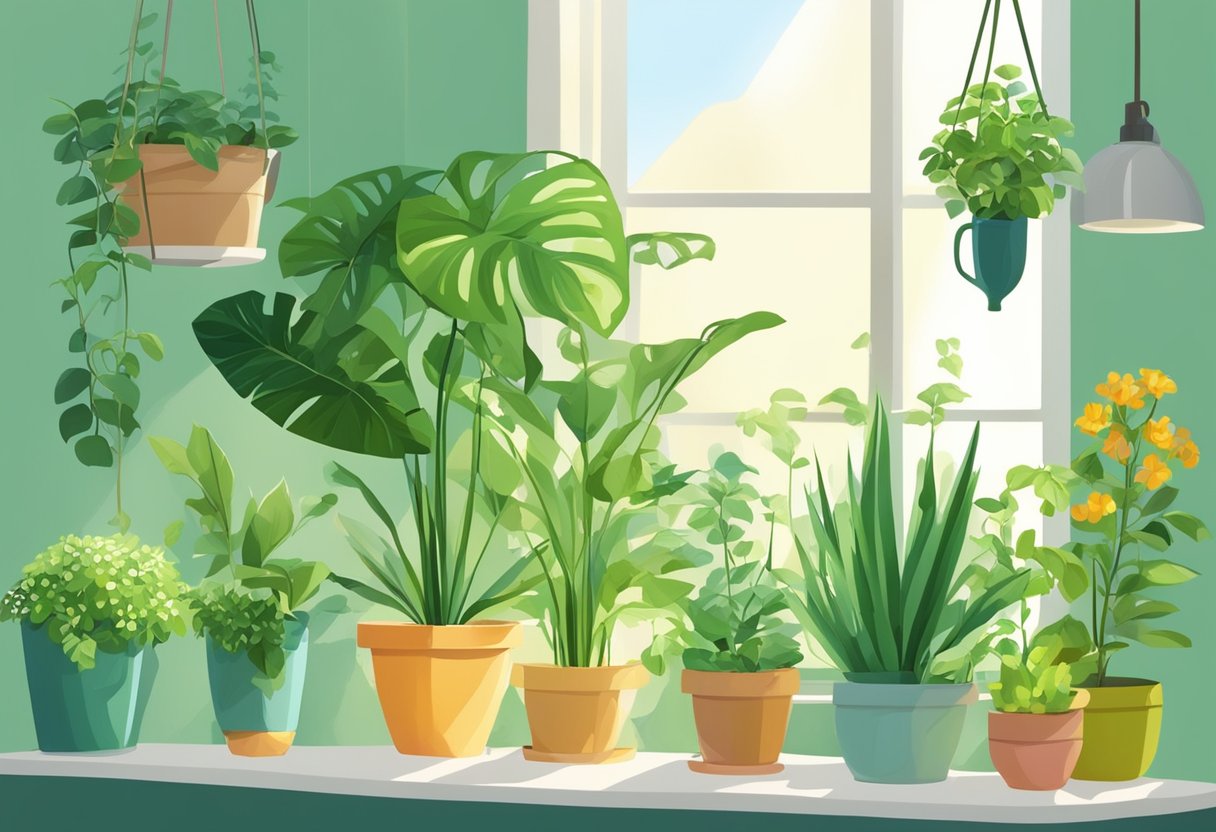 Lush green houseplants in hanging pots, bathed in sunlight. Watering can and gardening tools nearby. Vibrant foliage and blooming flowers