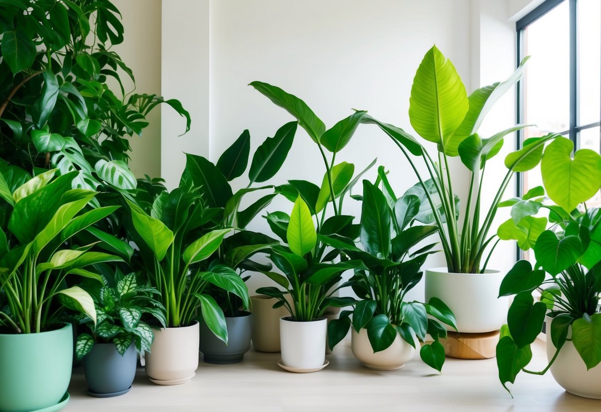 Lush houseplants fill a bright, airy room with a variety of leaf shapes and shades of green, creating a calming oasis