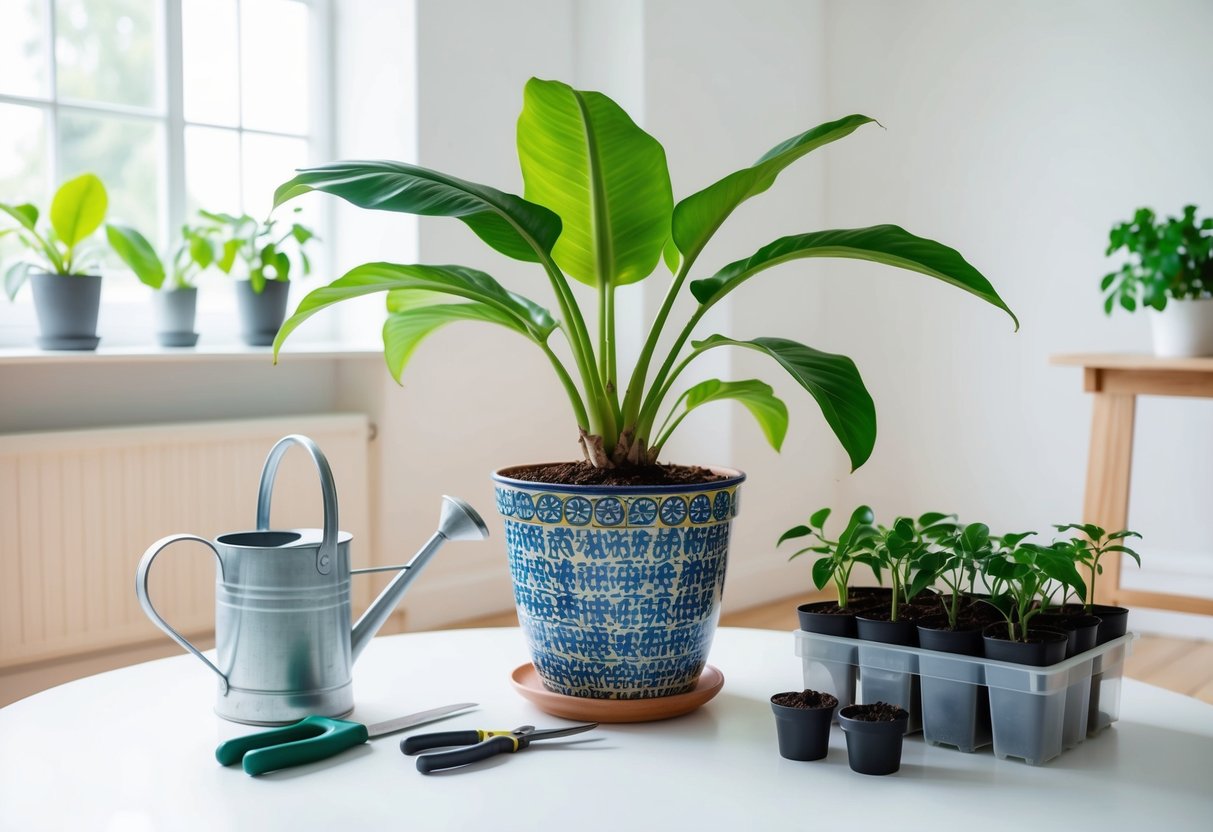 A bright, airy room with a large Swiss cheese plant in a decorative pot. A watering can, pruning shears, and a propagation station with small pots and soil are nearby