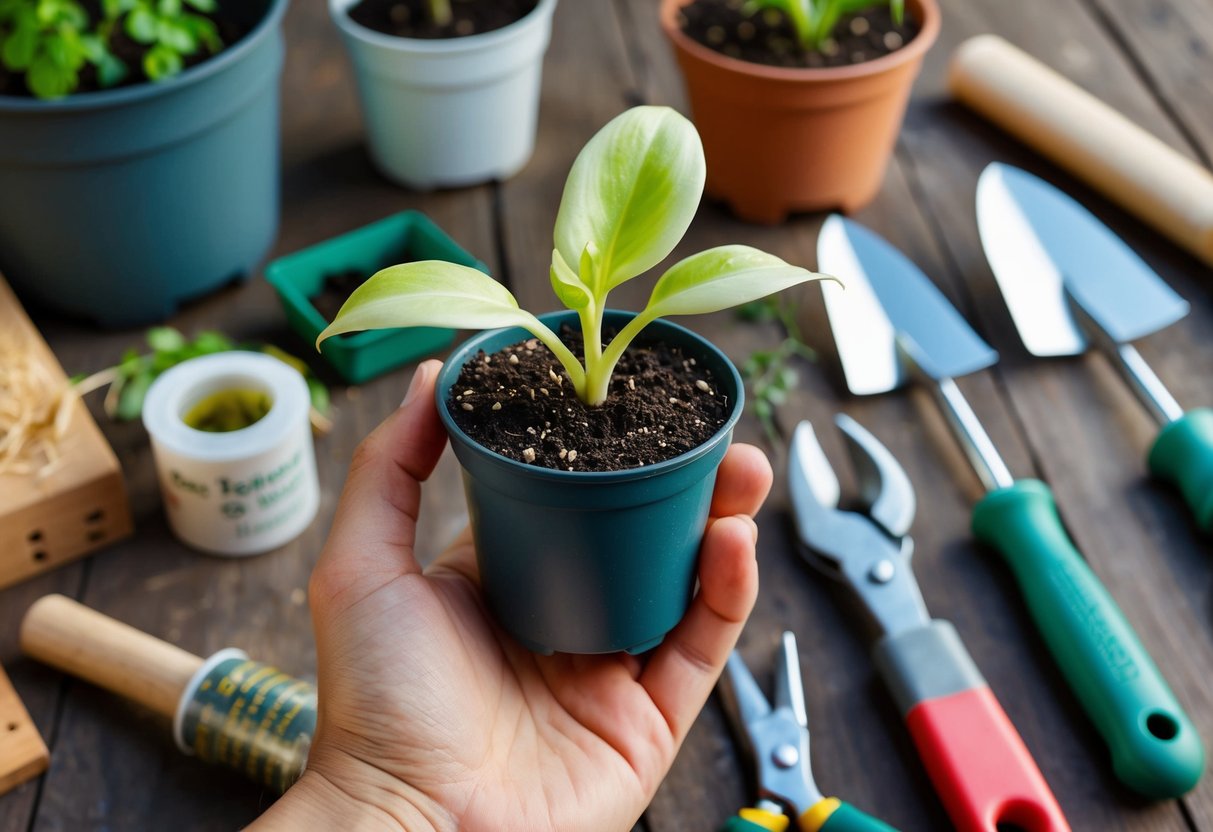 A hand holding a small pot with a healthy swiss cheese plant, surrounded by a variety of gardening tools and propagation materials