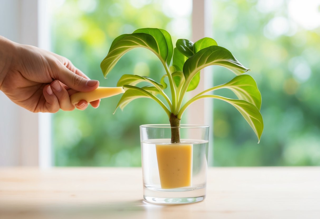 A mature swiss cheese plant being carefully propagated through stem cutting in a glass of water, with a bright and airy background
