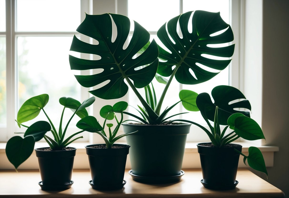 A Monstera plant with large, fenestrated leaves surrounded by smaller potted varieties. Bright, indirect light filters through a nearby window, illuminating the lush green foliage
