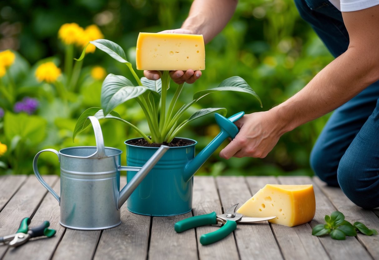A person inspecting a swiss cheese plant for signs of common issues, such as yellowing leaves or pest infestations, while holding a watering can and pruning shears nearby