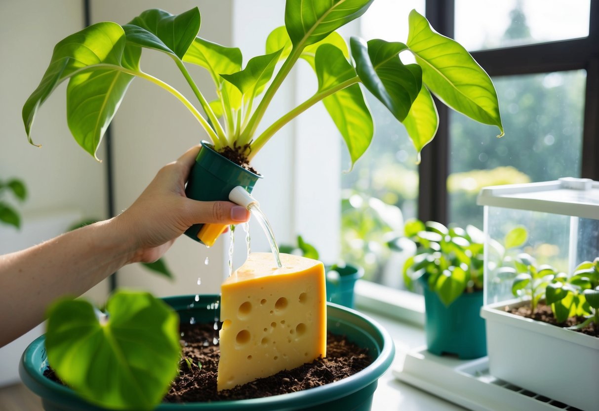 A swiss cheese plant being watered and pruned in a sunny room with a propagation station set up nearby