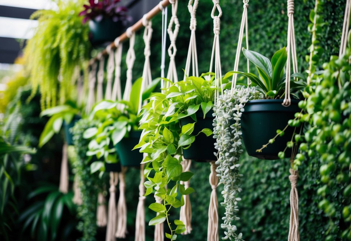 Lush green hanging plants cascade down from macrame hangers, creating a vertical garden oasis